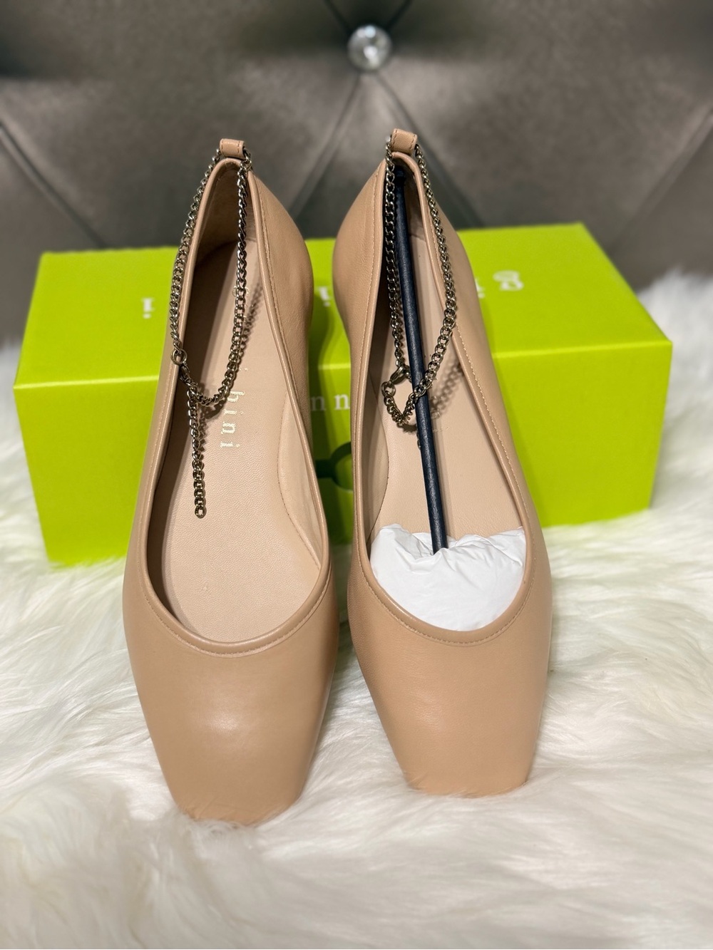 Gianni Bini Beige Square-Toe Ballet Flats with Chain Accent